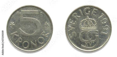 Photography Swedish 5 Crowns (Krona, kronor) 1991 year coin