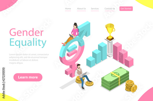 Isometric flat vector landing page template of gender equality, male and female equal rights and opportunities.