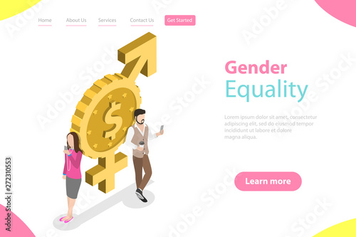 Isometric flat vector landing page template of gender equality, male and female equal rights and opportunities.