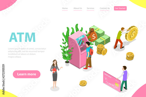 Isometric flat vector landing page template of ATM, bank card, automated teller machine, getting cash.