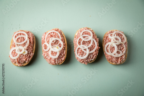 Deutsche Mettbrötchen mit rohen Schweine Mett, Brötchen, Butter, Zwiebeln, Pfeffer und Mett auf Mint Grün Pastell Hintergrund
