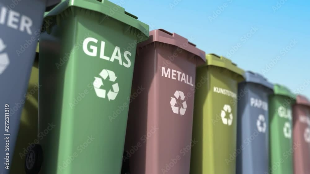 Trash cans for sorting garbage. Text in German means paper, glass, metal and plastic. Loopable