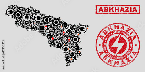 Composition of mosaic power supply Abkhazia map and grunge stamps. Mosaic vector Abkhazia map is created with equipment and electricity elements. Black and red colors used.
