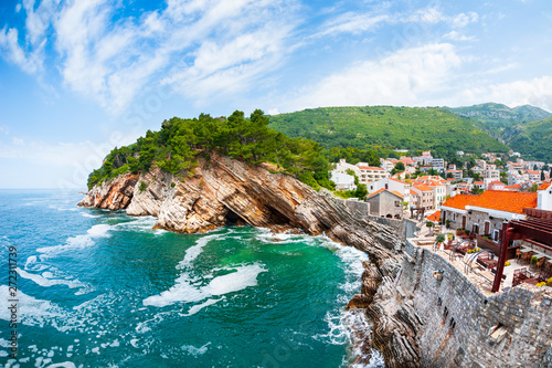View of the cliffs from Castello fortress in Petrovac, Montenegro. Famous travel destination photo