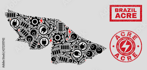 Composition of mosaic power supply Acre State map and grunge stamps. Mosaic vector Acre State map is composed with repair and innovation symbols. Black and red colors used.