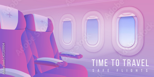 Airplane windows banner. Aircraft interior travel poster, summertime sky in plane porthole, passenger transport. Vector travelling illustration background about business class
