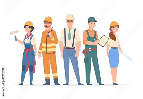 Builders and engineers characters. Construction workers and business peoples, men and women in professional costumes. Vector set illustration group worker on white