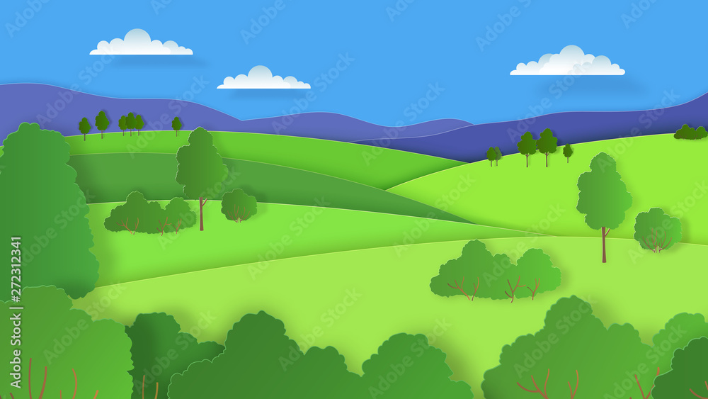 Paper cut landscape. Nature cartoon scene with green hills blue sky mountains clouds and forest. Vector fashion illustration paper art background