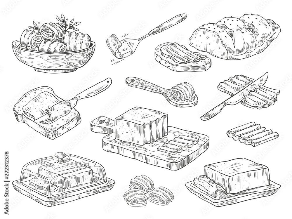 Hand drawn butter. Sketch breakfast culinary ingredient, drawn compositions with bread and