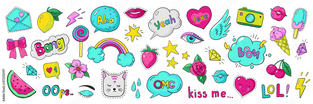 Doodle 90s stickers. Pop art fashion comic badges, trendy cartoon 80s kawaii icons. Vector lol rainbow cherry heart modern girl patches illustration set