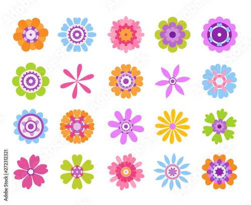 Cartoon flower icons. Summer cute girly stickers, modern flowers clip art icon set. Vector retro pretty nature graphic template