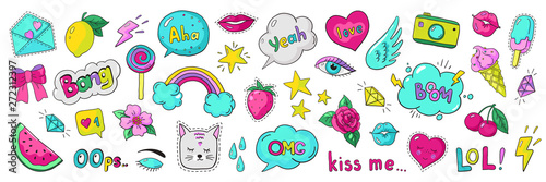 Doodle 90s stickers. Pop art fashion comic badges, trendy cartoon 80s kawaii icons. Vector lol rainbow cherry heart modern girl patches illustration set photo