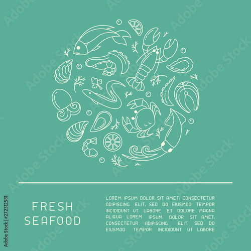 Obraz na plátně Info poster concept with seafood elements in linear style and sample text