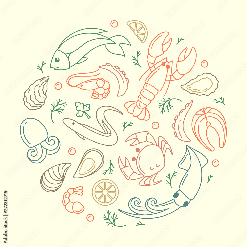 Round concept with seafood elements in linear style. Suitable for advertising or cafe menu decoration