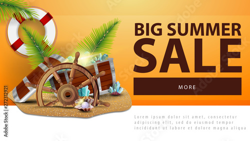 Big summer sale, discount web banner with treasure chest, ship steering wheel, palm leaves, gems and pearls