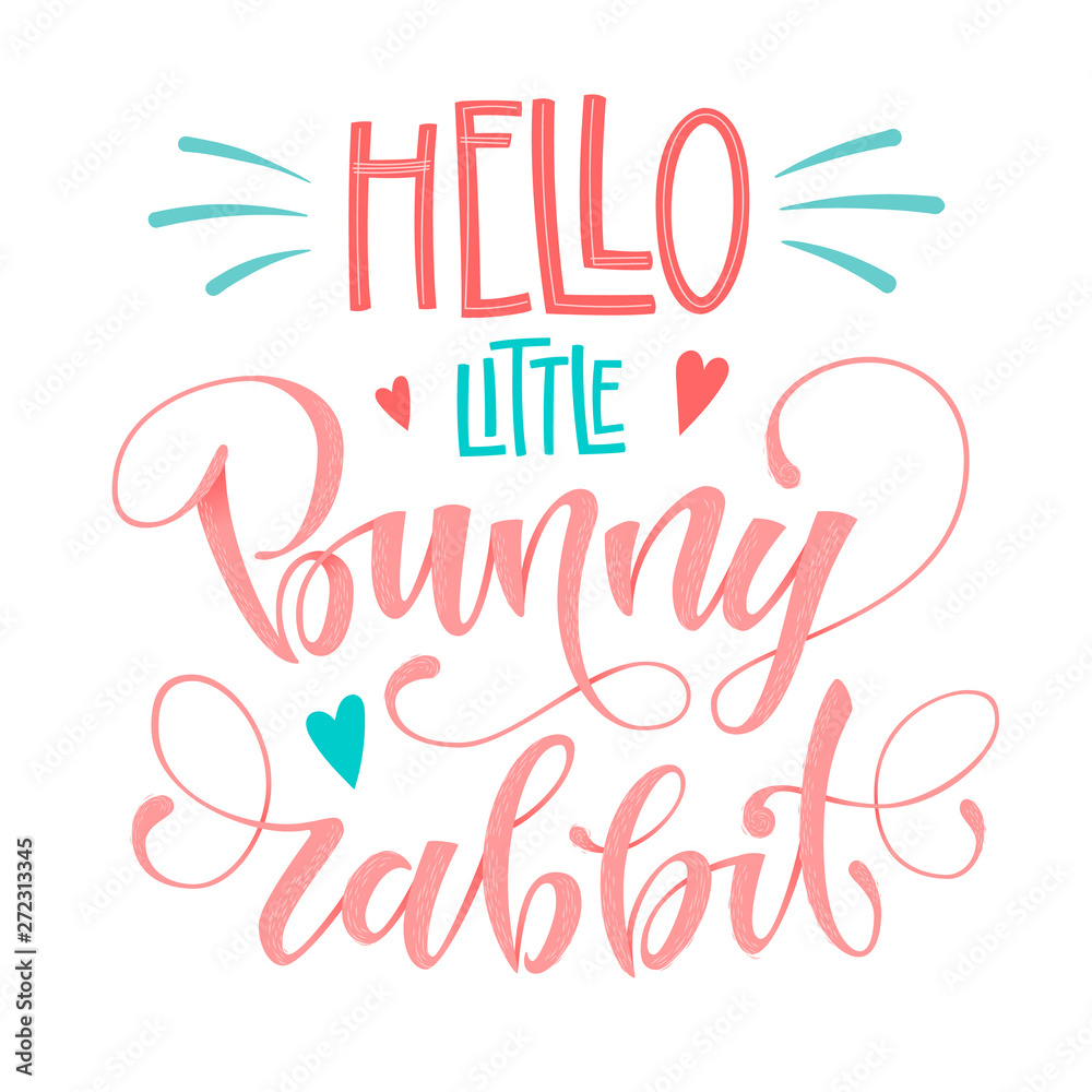 Hello Little Bunny Rabbit quote. Isolated color pink, blue flat hand draw calligraphy script and grotesque lettering logo phrase.