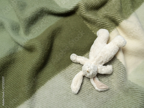Canvastavla Plush toy bunny on green woollen blanket