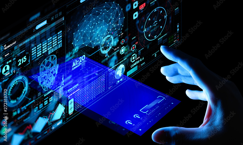 Fototapeta premium Business hand working with cryptocurrency and Ai smart phone interface.