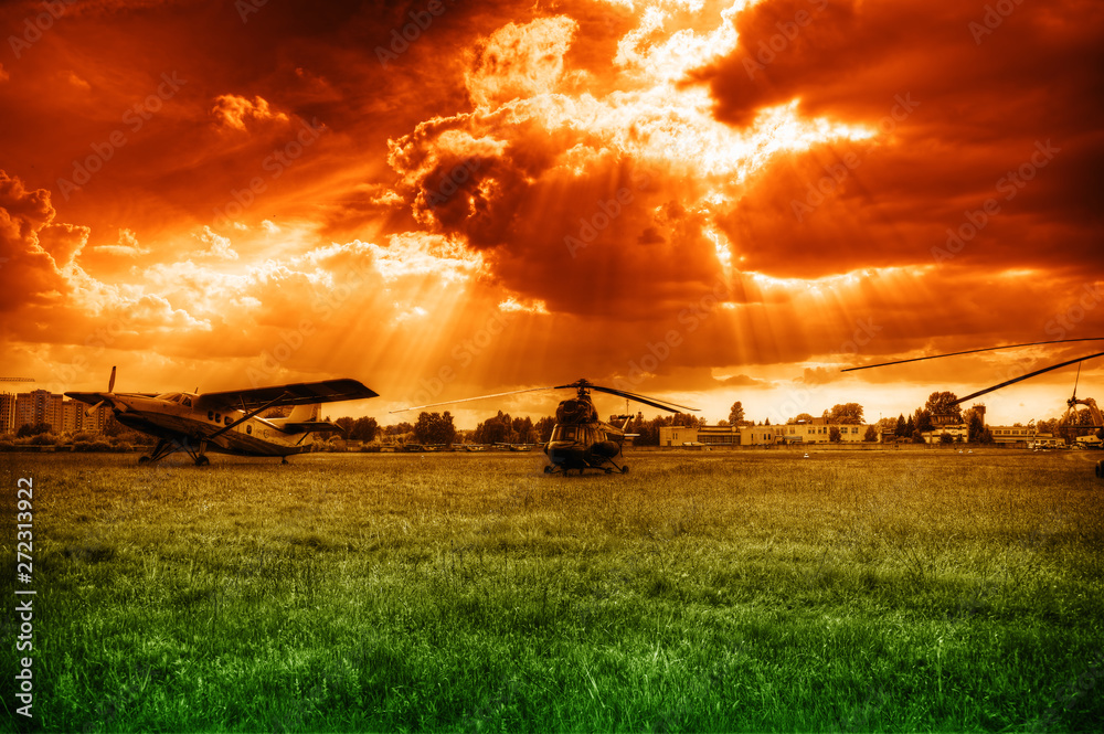 Fototapeta premium Dramatic light rays at countryside airport background hd