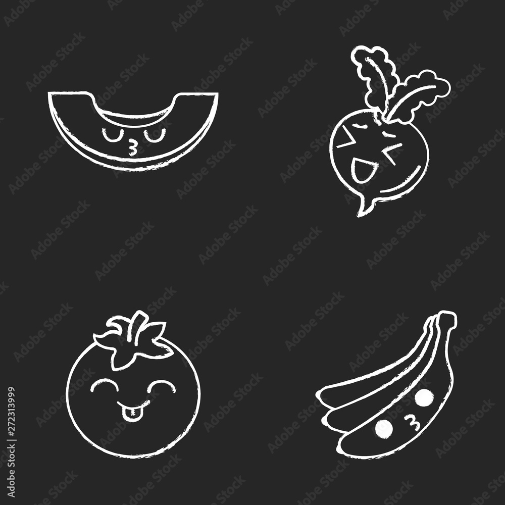 Vegetables and fruits cute kawaii chalk characters set
