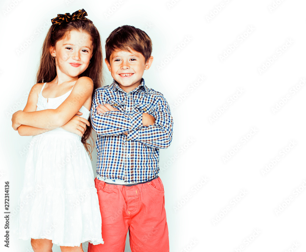 little cute boy and girl hugging playing on white background, happy smiling family, lifestyle people concept little cute boy and girl hugging playing on white background, happy smiling family, lifestyle people concept