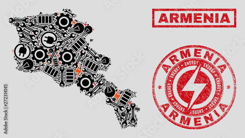 Composition of mosaic power supply Armenia map and grunge watermarks. Collage vector Armenia map is designed with equipment and power symbols. Black and red colors used.