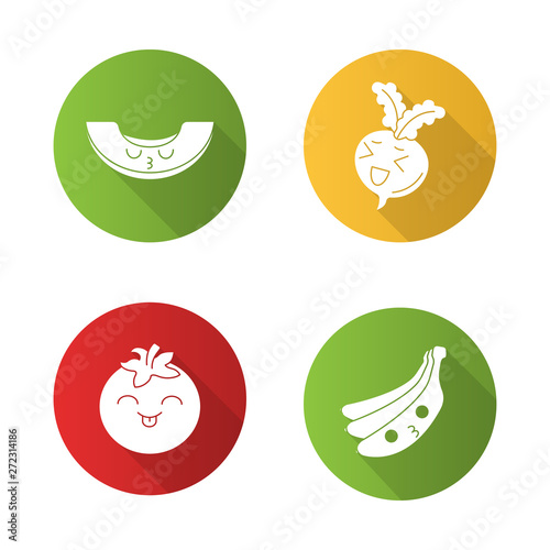 Vegetables and fruits cute kawaii flat design long shadow glyph characters set