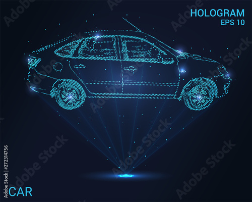 Hologram car. Holographic projection of the car. Flickering energy flux of particles. Scientific auto design.