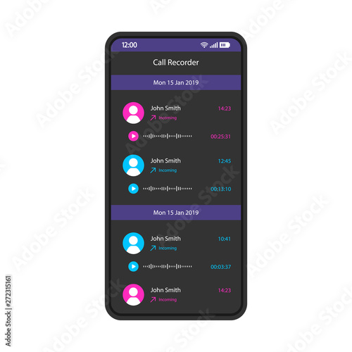 Call recorder smartphone interface vector template