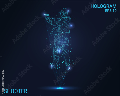 The hologram the shooter. A man shoots a gun. Flickering energy flux of particles. The scientific design of the weapon.