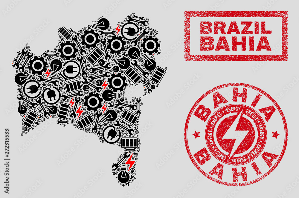 Composition of mosaic power supply Bahia State map and grunge stamp seals. Mosaic vector Bahia State map is composed with hardware and power elements. Black and red colors used.