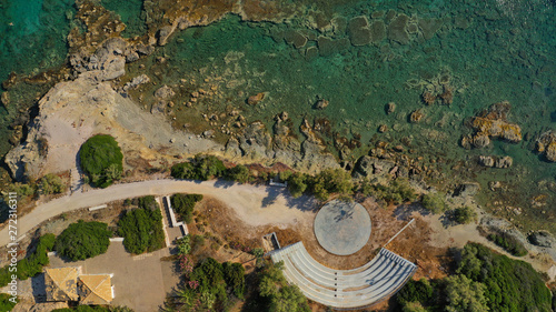 Aerial top view photo of tropical sandy paradise beach with pool facilities in exotic island