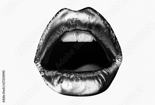 Metallic. Close up of beautiful woman lips with matt lipstick. Open mouth with white teeth. Cosmetology, drugstore or fashion makeup concept. Beauty studio shot. Passionate kiss.