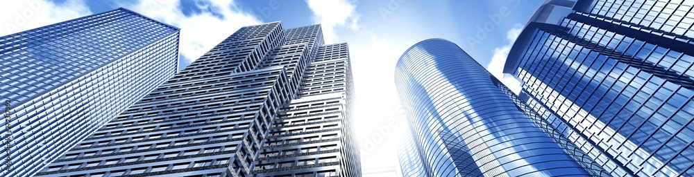 Beautiful skyscrapers against the sky, panorama of modern high-rise buildings, 3d rendering - obrazy, fototapety, plakaty 