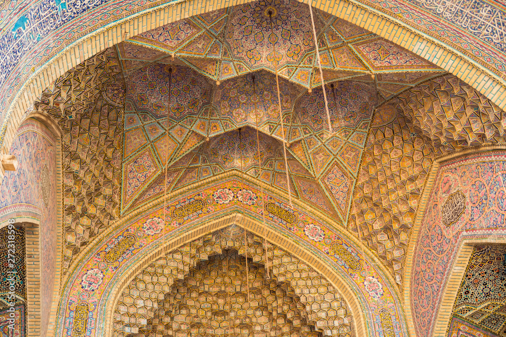 Dome in the Nasir ol Molk mosque, decorated with colored painted tiles.