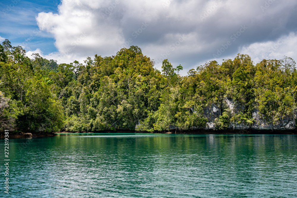 Obraz premium Waigeo, Kri, Mushroom Island, group of small islands in shallow blue lagoon water, Raja Ampat, West Papua, Indonesia