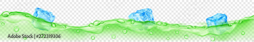 Horizontal banner with seamless wave. Translucent light blue ice cubes and many air bubbles floating in green water on transparent background. Transparency only in vector format