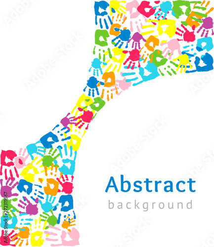 Background with curved shape made of colored hands. Abstract vector illustration