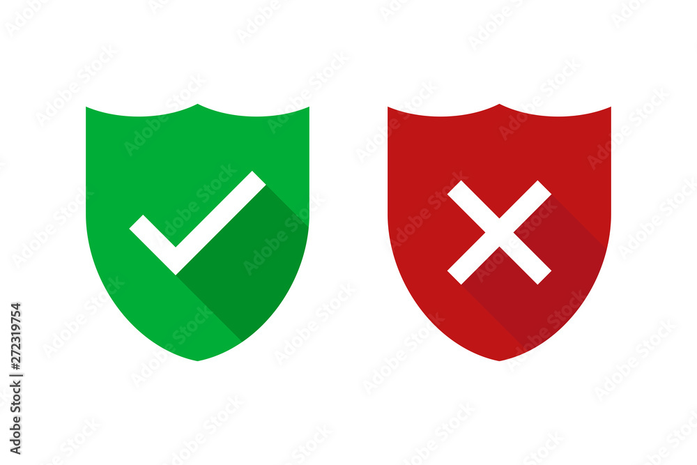 Two green and red shields with checkmark and cross isolated. Security or safe sign. Internet defence symbol. Web technology secure icon. - obrazy, fototapety, plakaty 