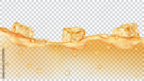 Translucent yellow ice cubes and many air bubbles floating in water on transparent background. Transparency only in vector format