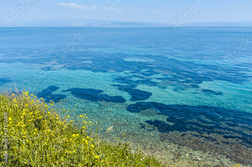 Seascape of coastline of town of Nea Fokea, Kassandra, Chalkidiki, Central Macedonia, Greece