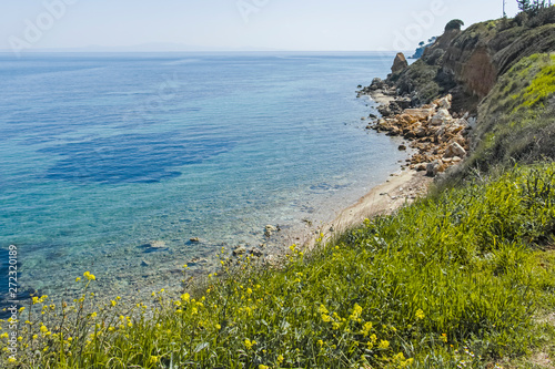 Seascape of coastline of town of Nea Fokea, Kassandra, Chalkidiki, Central Macedonia, Greece