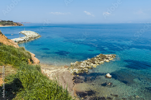Seascape of coastline of town of Nea Fokea, Kassandra, Chalkidiki, Central Macedonia, Greece