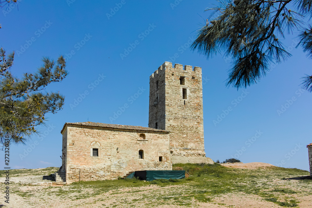 Byzantine Tower in town of Nea Fokea, Kassandra, Chalkidiki, Central Macedonia, Greece