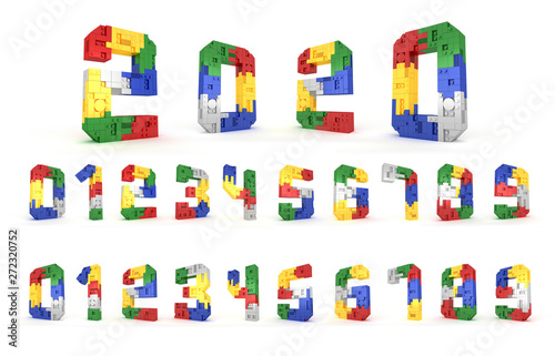 Colorful Number block brick type Perspective font 3d Rendering on white background
