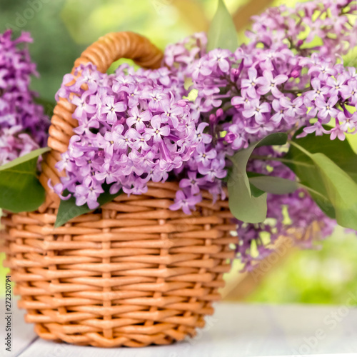 Basket with a bouquet of lilac flowers on a white wooden table in the summerhouse in the garden