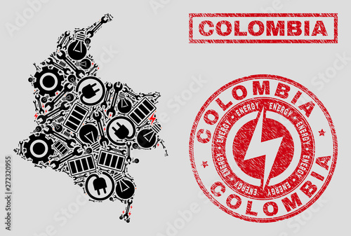 Composition of mosaic power supply Colombia map and grunge stamp seals. Mosaic vector Colombia map is designed with gear and electric icons. Black and red colors used.