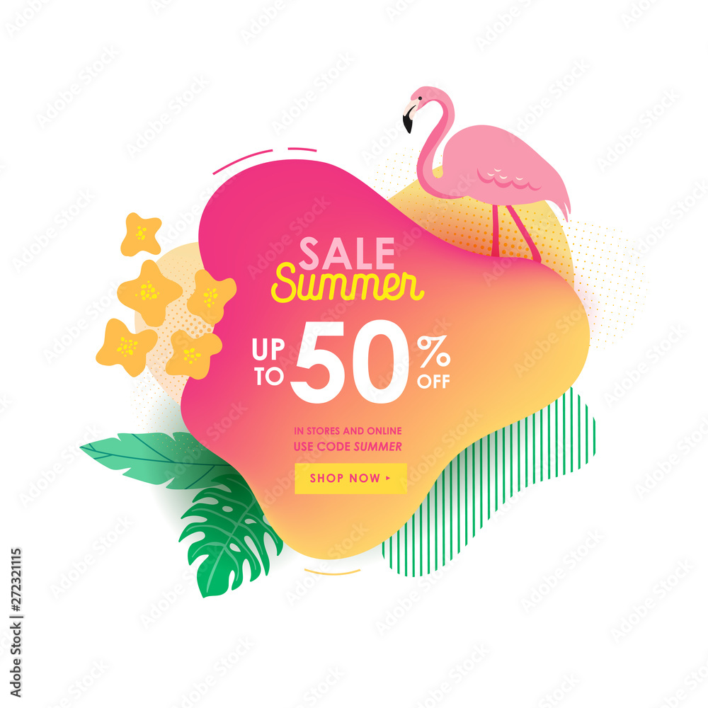 Fototapeta Summer sale banner template. Liquid abstract geometric bubble with tropic flowers and flamingo, Tropical background and backdrop, Promo badge for seasonal offer, promotion, advertising. Vector