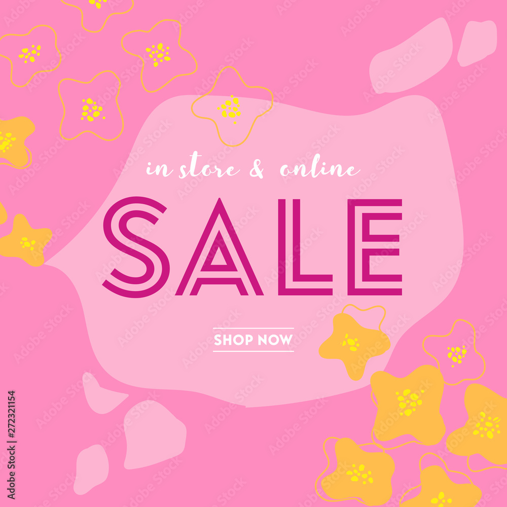 Obraz premium Summer Sale poster with tropic leaves, flowers, advertisement banner and tropical background in modern flat style, flash spring special offer, poster vacation ad, flyer. Vector illustration