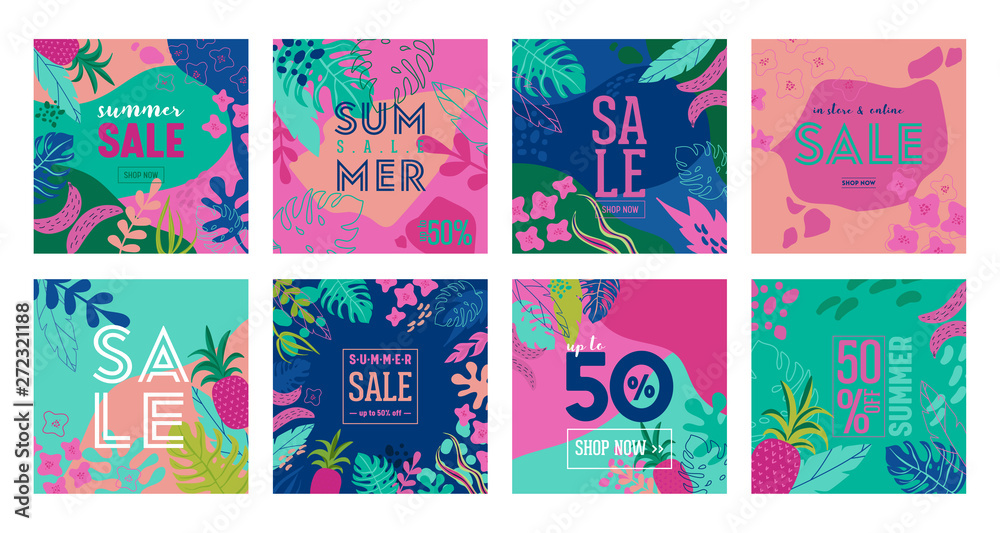 Set of Summer Sale poster with tropic leaves and flowers, advertisement banner and tropical background in modern flat style, flash spring special offer, poster vacation ad, flyer. Vector illustration
